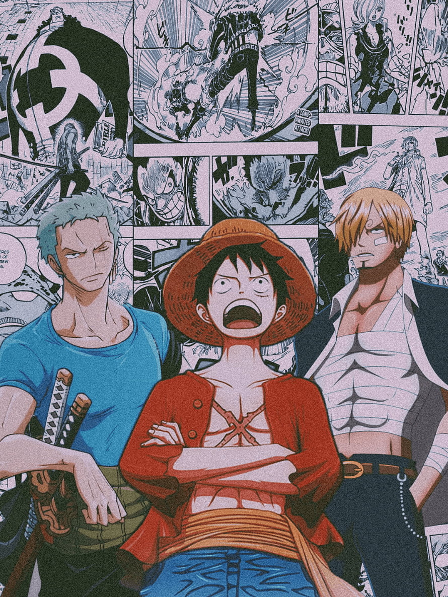 One Piece Anime Trio: Luffy, Zoro, and Sanji in a Dynamic Manga Panel Collage HD phone wallpaper