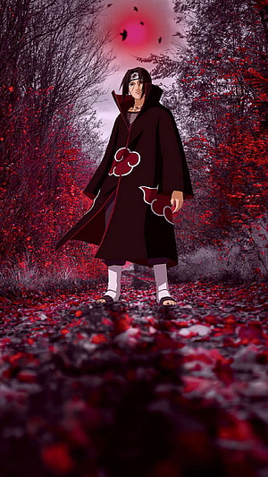 Itachi Uchiha from Naruto standing in a forest with red leaves and a dark cloak HD phone wallpaper