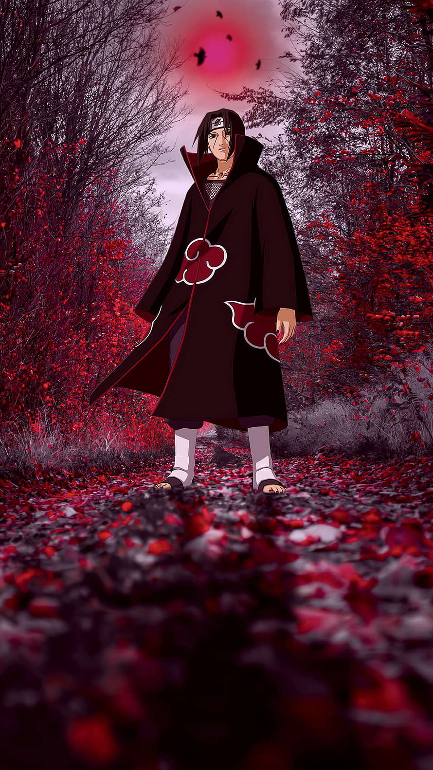 Itachi Uchiha from Naruto standing in a forest with red leaves and a dark cloak HD phone wallpaper