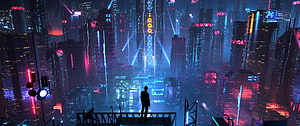 Lone Figure Overlooking Neon Cyberpunk Metropolis at Night HD wallpaper