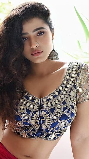 Kethika Sharma in Embellished Blue and Gold Traditional Blouse HD phone wallpaper