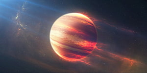Fiery Red Gas Giant Planet in Deep Space with Swirling Nebula Clouds HD wallpaper