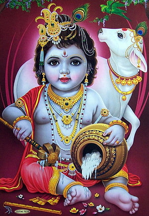 Baby Krishna with Butter Pot and White Cow Wallpaper HD phone wallpaper