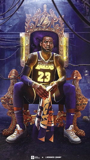 LeBron James seated on a golden throne wearing a Los Angeles Lakers jersey in a dramatic digital illustration HD phone wallpaper