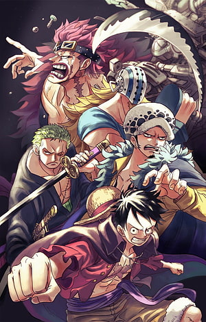One Piece Straw Hat Pirates Action Illustration with Luffy Zoro Sanji and Usopp HD phone wallpaper