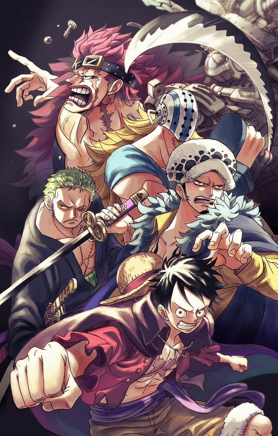 One Piece Straw Hat Pirates Action Illustration with Luffy Zoro Sanji and Usopp HD phone wallpaper