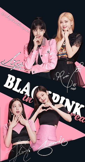 Blackpink Kpop Group Portrait with Signatures and Pink Geometric Design HD phone wallpaper