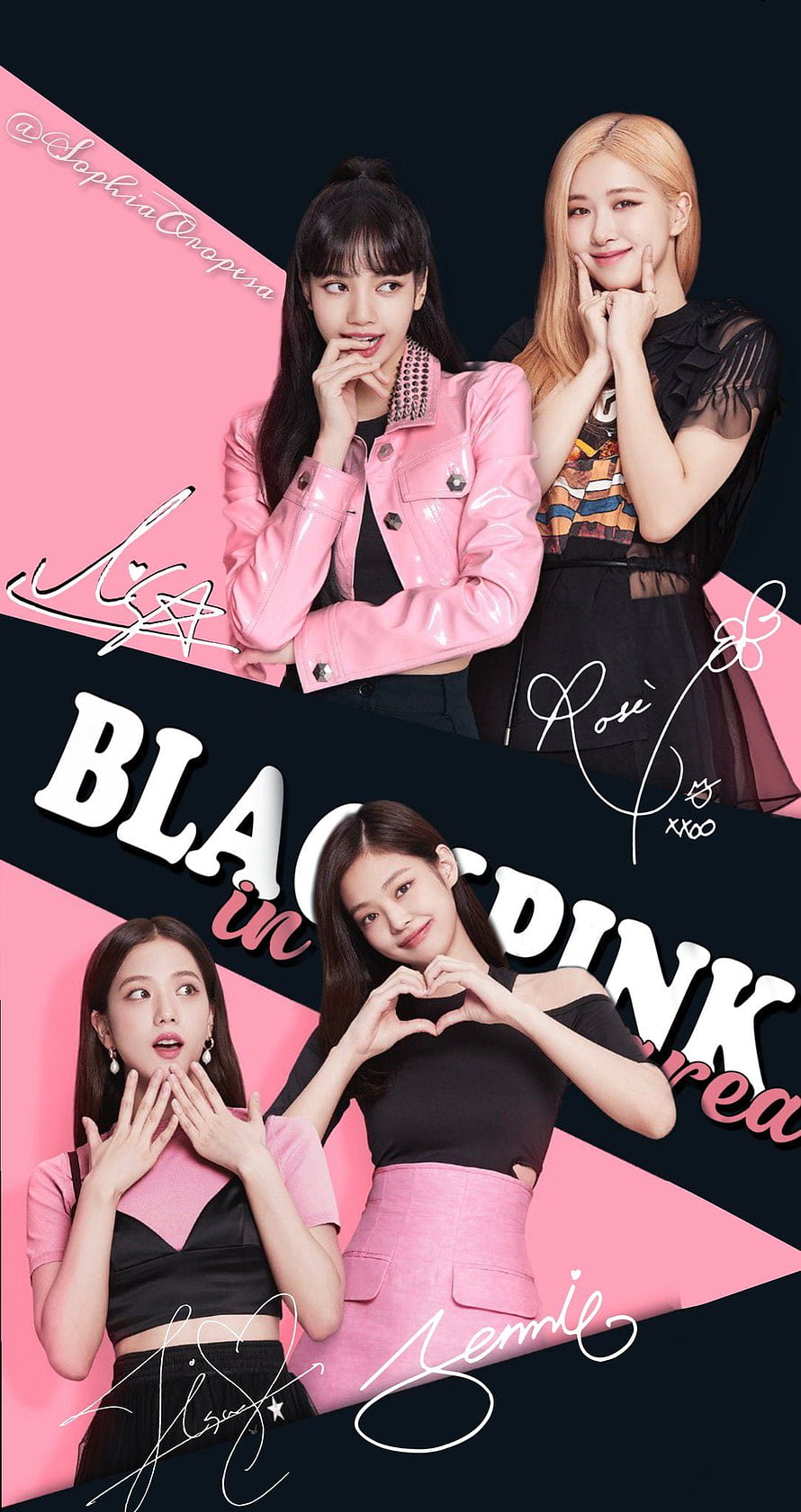 Blackpink Kpop Group Portrait with Signatures and Pink Geometric Design HD phone wallpaper