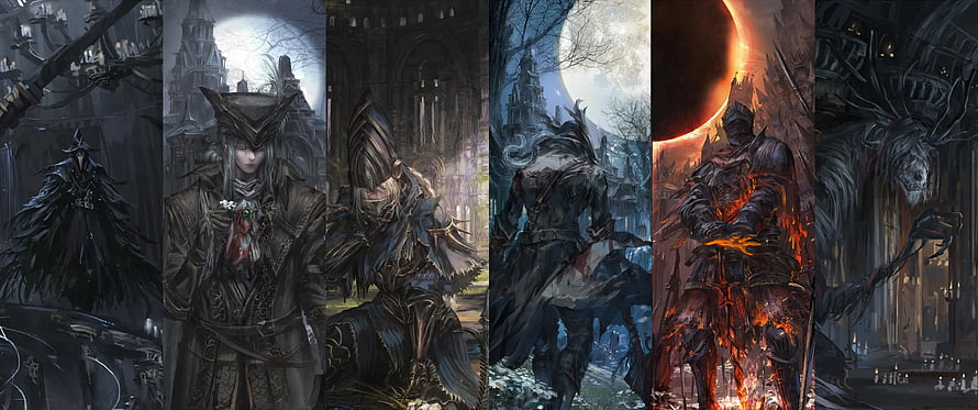 Dark Fantasy Character Lineup in Gothic Architecture and Moonlit Settings HD wallpaper