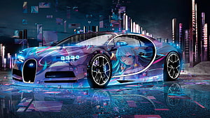 Bugatti Chiron with Hatsune Miku Anime Artwork in Neon Cyberpunk City HD wallpaper