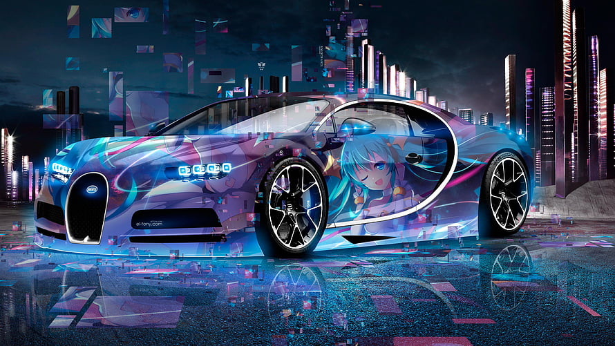 Bugatti Chiron with Hatsune Miku Anime Artwork in Neon Cyberpunk City HD wallpaper