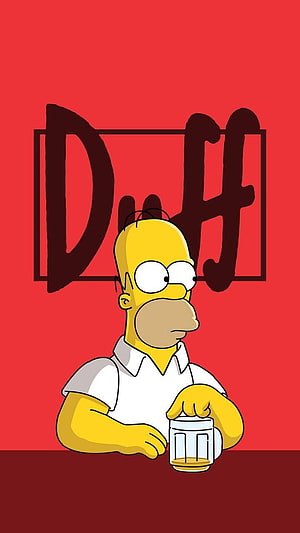 Homer Simpson Holding Duff Beer Mug Against Red Background HD phone wallpaper