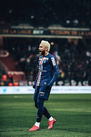 Neymar Jr Celebrating in Paris Saint-Germain Blue Kit on Soccer Pitch HD phone wallpaper