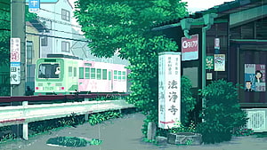 Pixel Art Japanese Street Scene With Train And Temple Sign In Rainy Weather HD wallpaper