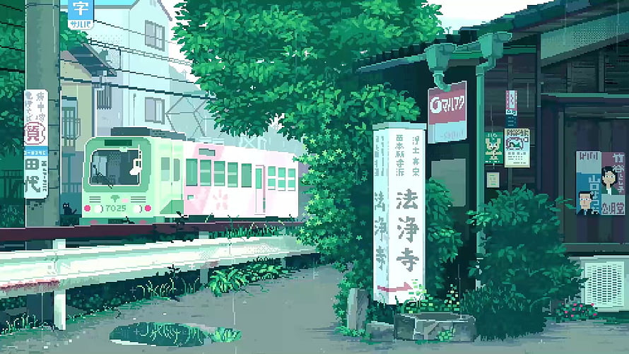 Pixel Art Japanese Street Scene With Train And Temple Sign In Rainy Weather HD wallpaper