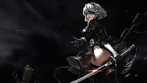 2B from NieR Automata in a dynamic combat pose wielding a katana against a dark background HD wallpaper