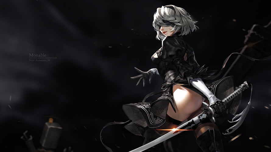 2B from NieR Automata in a dynamic combat pose wielding a katana against a dark background HD wallpaper