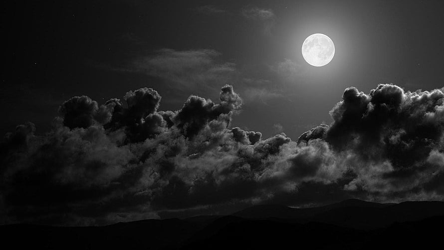 Dramatic Black And White Full Moon Rising Above Dark Storm Clouds And Silhouette Mountains HD wallpaper