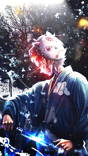Inosuke Hashibira in Demon Slayer with Fox Mask and Glowing Katana HD phone wallpaper