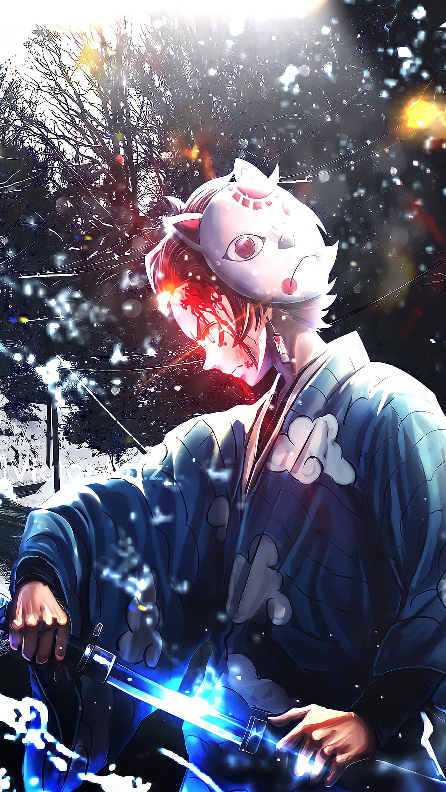 Inosuke Hashibira in Demon Slayer with Fox Mask and Glowing Katana HD phone wallpaper