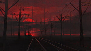 Atmospheric Red Sunset Over Train Tracks With Silhouetted Utility Poles And Distant Locomotive HD wallpaper