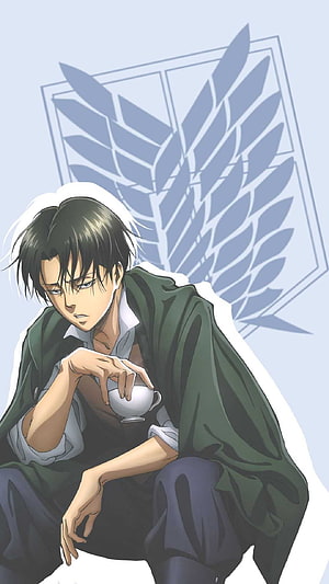 Levi Ackerman in Survey Corps Cloak Holding a Teacup with Wings of Freedom Emblem, Levi Ackerman - Awesome, Levi Aesthetic HD phone wallpaper