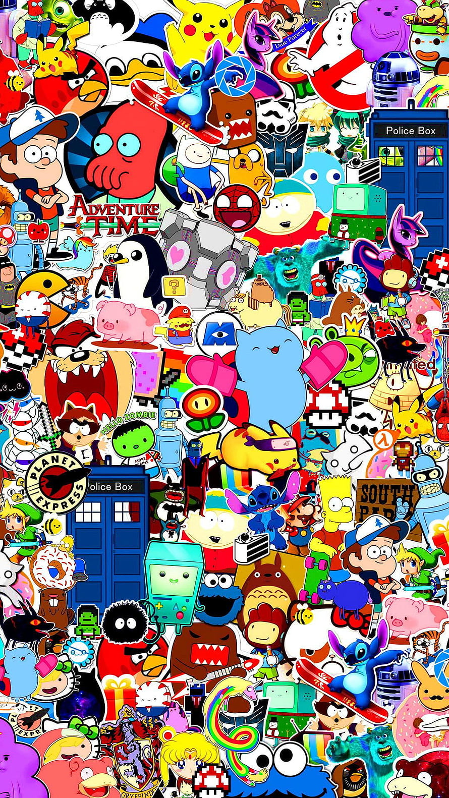 Colorful Pop Culture Sticker Bomb Collage Featuring Iconic Cartoon and Game Characters HD phone wallpaper