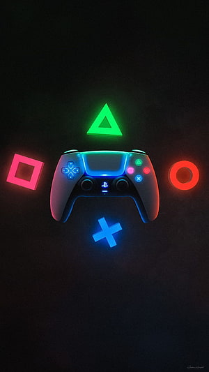 Neon PlayStation 5 Controller with Glowing Triangle Circle Cross Square Symbols HD phone wallpaper