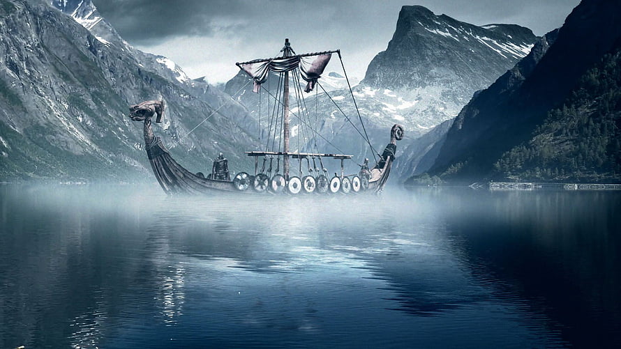 Viking Longship Navigating Misty Fjord with Snow-Capped Mountains HD wallpaper