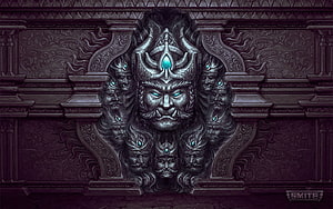 Ravana Ornate Stone Carving with Glowing Eyes and Intricate Mythological Details HD wallpaper