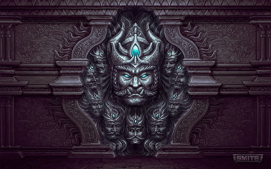 Ravana Ornate Stone Carving with Glowing Eyes and Intricate Mythological Details HD wallpaper