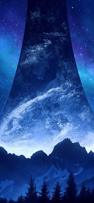 Giant Planet Rising Over Mountain Range and Pine Forest Under Starry Night Sky HD phone wallpaper