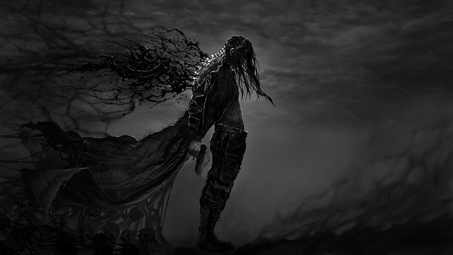 Monochromatic Dark Fantasy Warrior with Ink Splatter Effect HD wallpaper
