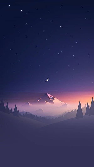 Serene Night Mountain Landscape With Crescent Moon And Starry Sky HD phone wallpaper