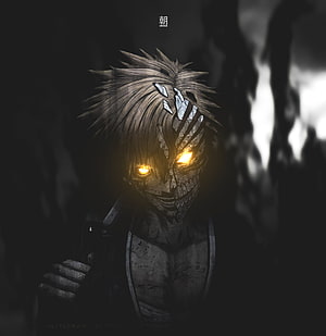 Dark anime character with glowing yellow eyes and cracked face mask in shadowy atmosphere HD phone wallpaper