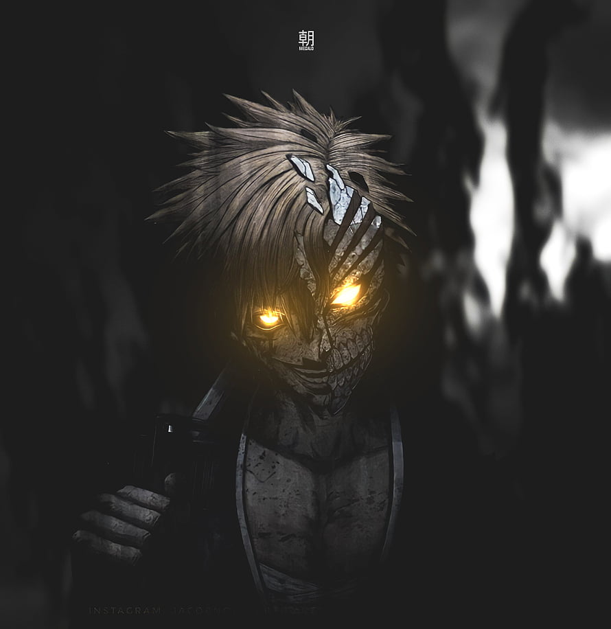Dark anime character with glowing yellow eyes and cracked face mask in shadowy atmosphere HD phone wallpaper