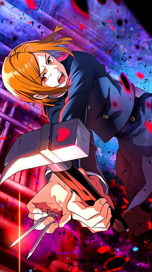 Power Chainsaw Man Anime Character Wielding Dagger and Heart Axe in Dynamic Action Pose, Kugisaki Nobara, Jujutsu Kaisen HD phone wallpaper