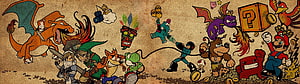 Retro Video Game Characters Tug of War Illustration Featuring Mario, Link, Mega Man, and Yoshi on Parchment Background, Monitor Pokemon, Dual Screen Pokemon HD wallpaper