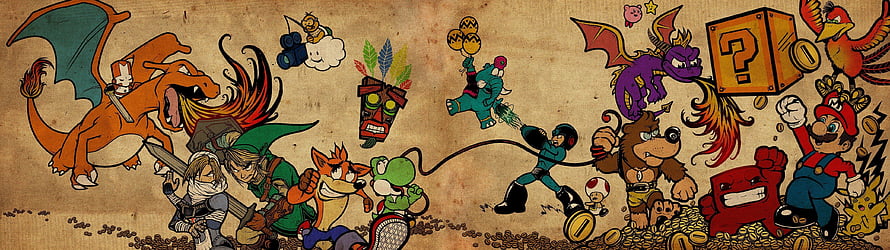 Retro Video Game Characters Tug of War Illustration Featuring Mario, Link, Mega Man, and Yoshi on Parchment Background, Monitor Pokemon, Dual Screen Pokemon HD wallpaper