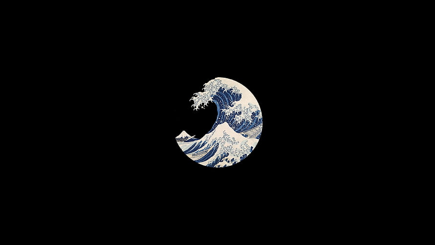 Minimalist Great Wave off Kanagawa Circular Artwork on Black Background HD wallpaper