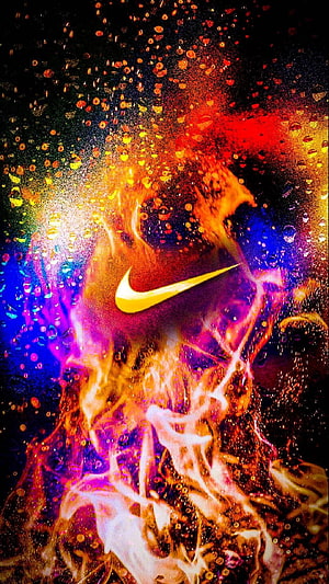 Nike Swoosh Logo on Vibrant Abstract Oil Splat Background with Neon Colors and Cosmic Texture HD phone wallpaper