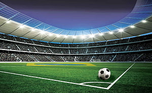 Modern Football Stadium Interior With Soccer Ball On Pitch Under Night Sky HD wallpaper