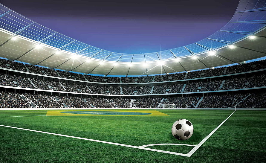 Modern Football Stadium Interior With Soccer Ball On Pitch Under Night Sky HD wallpaper