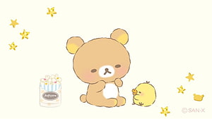 Rilakkuma and Korilakkuma with Popcorn and Stars on Cream Background HD wallpaper