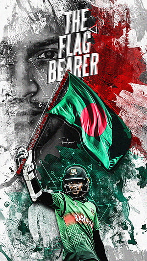 Shakib Al Hasan Holding Bangladesh Cricket Flag in Green Jersey HD phone wallpaper