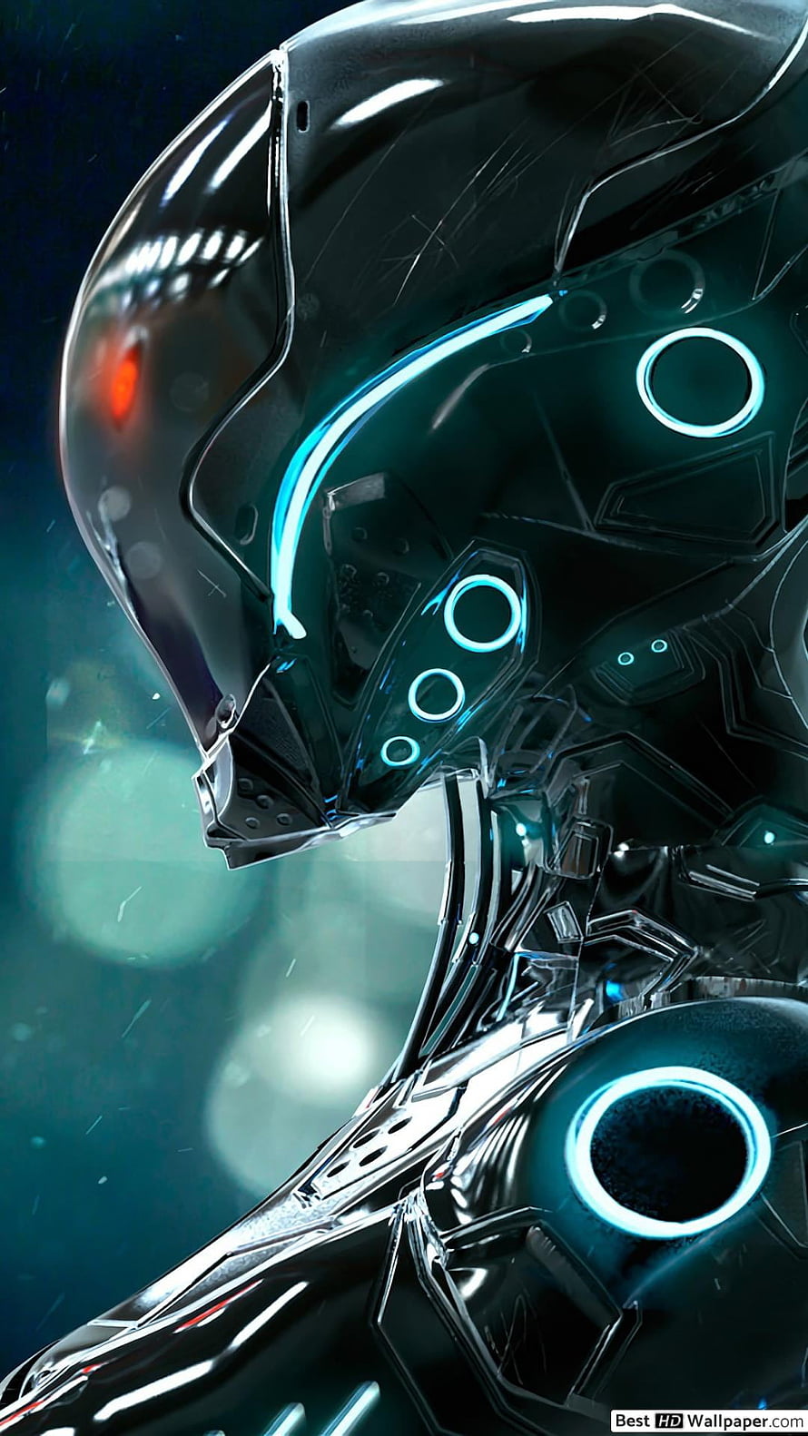 Sleek Black Android Robot Head with Glowing Cyan Circuitry and Futuristic Armor Design HD phone wallpaper