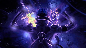 Kirito from Sword Art Online Wielding Dual Swords in Dark Purple Aura HD wallpaper