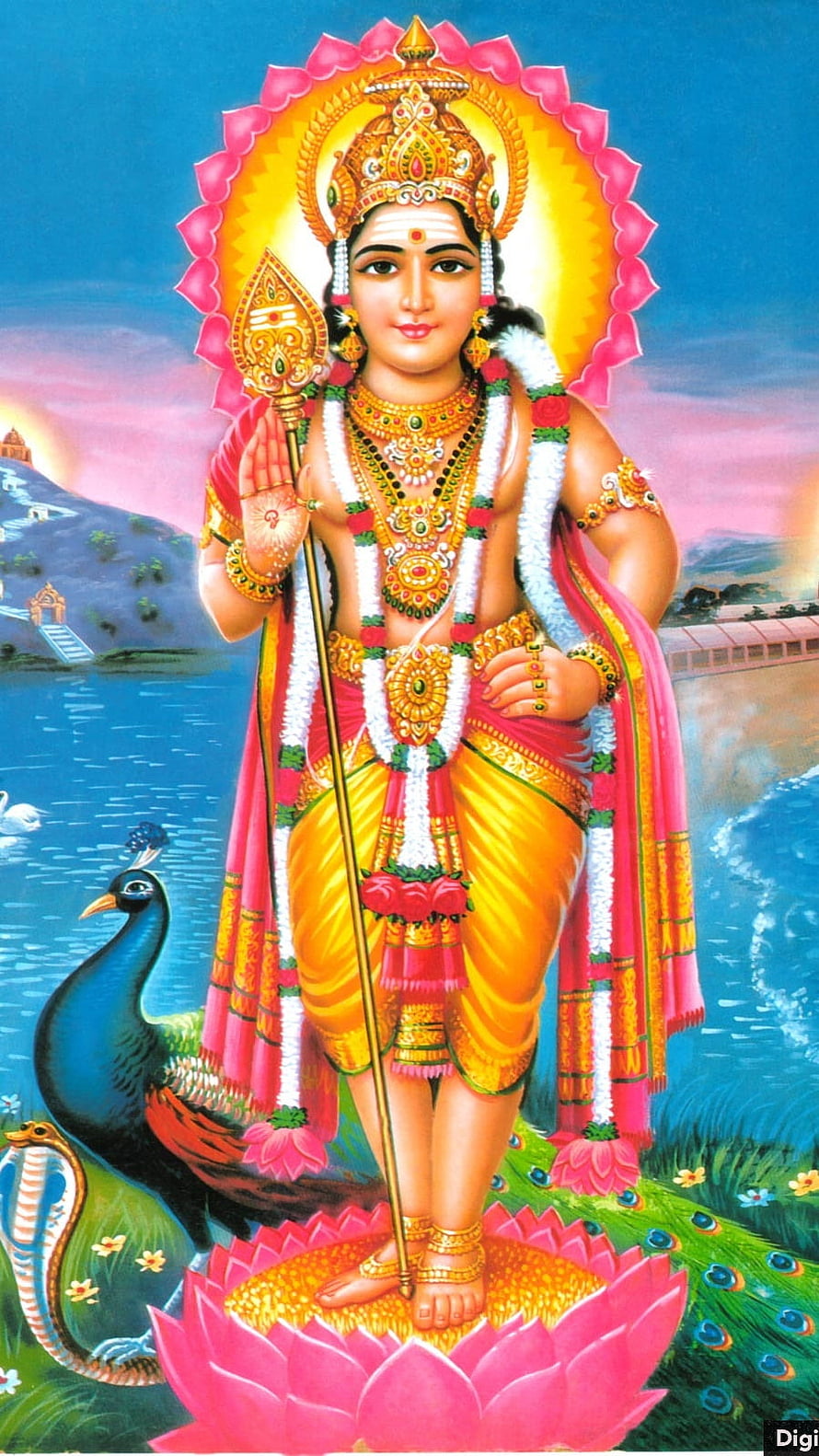 Lord Ayyappa Hindu Deity Standing on Lotus with Peacock and Snake HD phone wallpaper