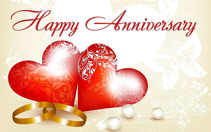 Elegant Wedding Anniversary Greeting Card With Red Hearts And Gold Rings HD wallpaper