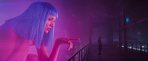 Blade Runner 2049 Joi Hologram Scene with Neon Purple Lighting and Industrial Setting HD wallpaper